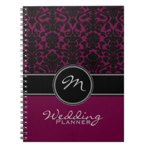 Monogram Pflaume Schwarz-weiß Damask Hochzeitsplan Notizblock