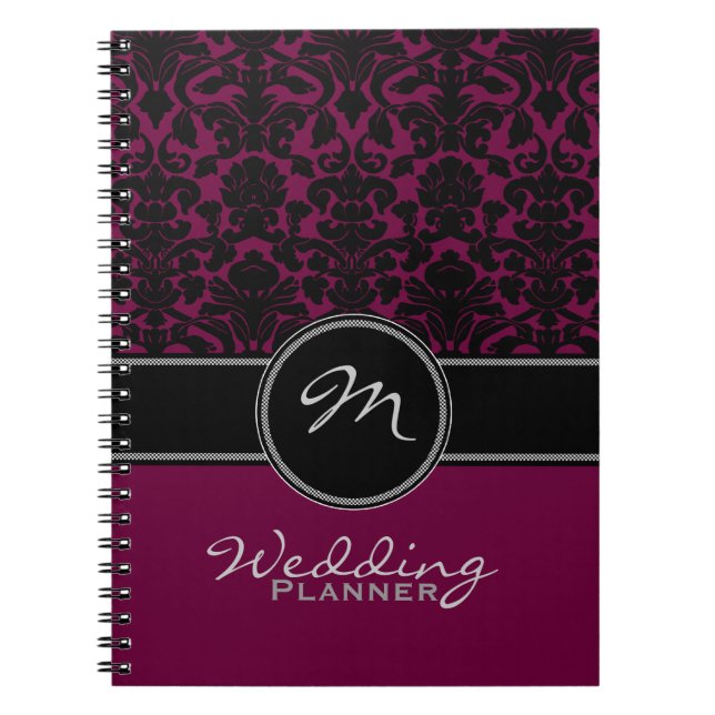 Monogram Pflaume Schwarz-weiß Damask Hochzeitsplan Notizblock (Vorderseite)