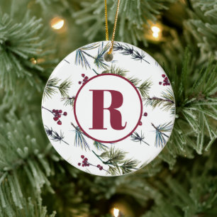 Monogram Pine Berries Keramik Ornament