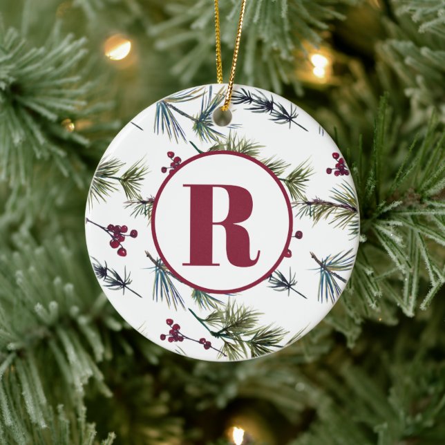 Monogram Pine Berries Keramik Ornament (Baum)