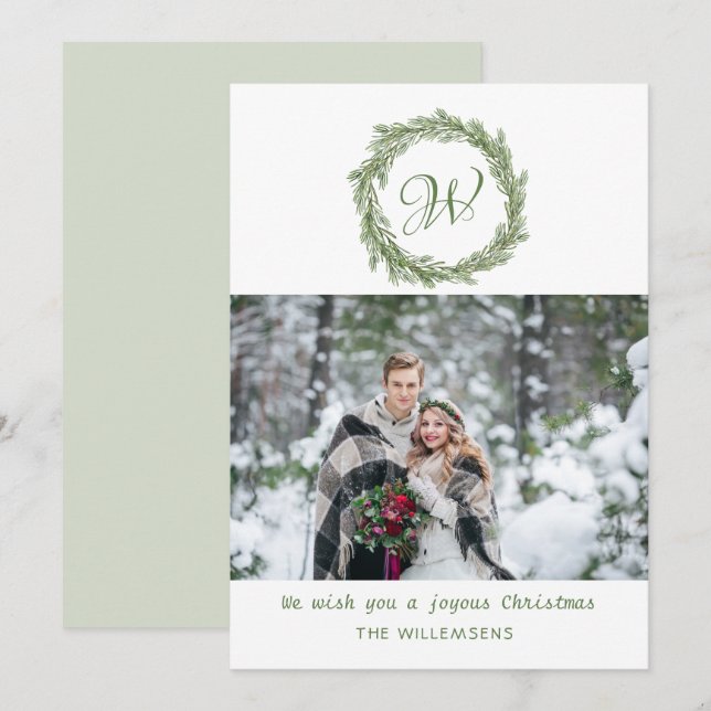 Monogram Pine Wreath Christmas Foto Feiertagskarte (Vorne/Hinten)