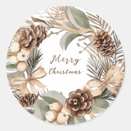 Monogram Pinecone Winter Wreath Frohe Weihnachten Runder Aufkleber