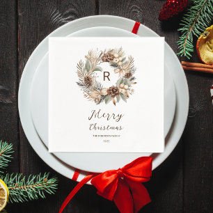 Monogram Pinecone Winter Wreath Frohe Weihnachten Serviette