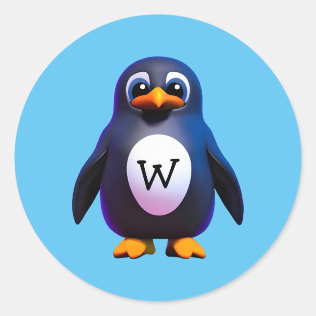 Monogram Pinguin Classic Round Aufkleber (Vorderseite)