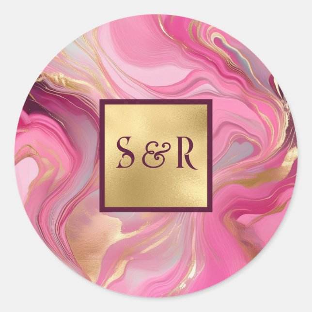 Monogram Pink and Gold Marbled Wedding Runder Aufkleber (Vorderseite)