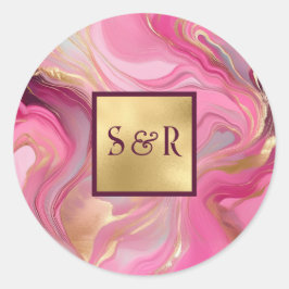Monogram Pink and Gold Marbled Wedding Runder Aufkleber