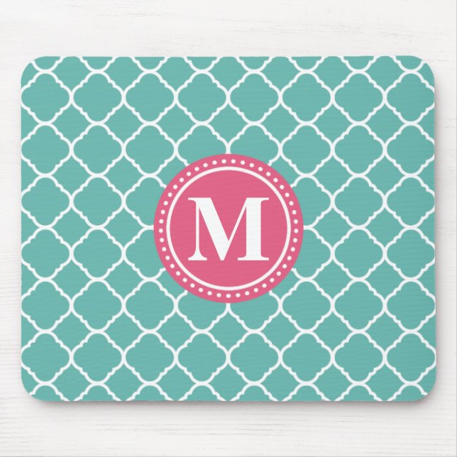 Monogram Pink Aquamarin Blue Quatrefolienmuster Mousepad (Vorne)