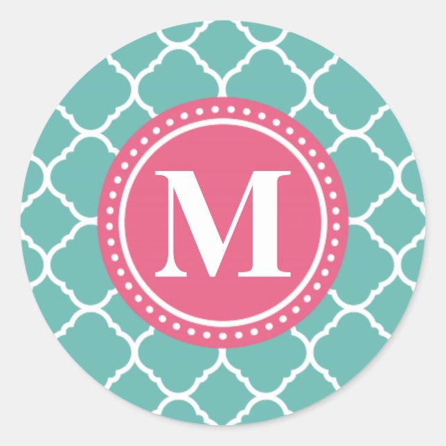 Monogram Pink Aquamarin Blue Quatrefolienmuster Runder Aufkleber (Vorderseite)