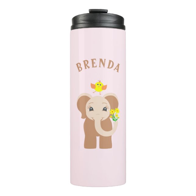 Monogram Pink Baby Elephant Bird Yellow Blume Thermosbecher (Vorderseite)