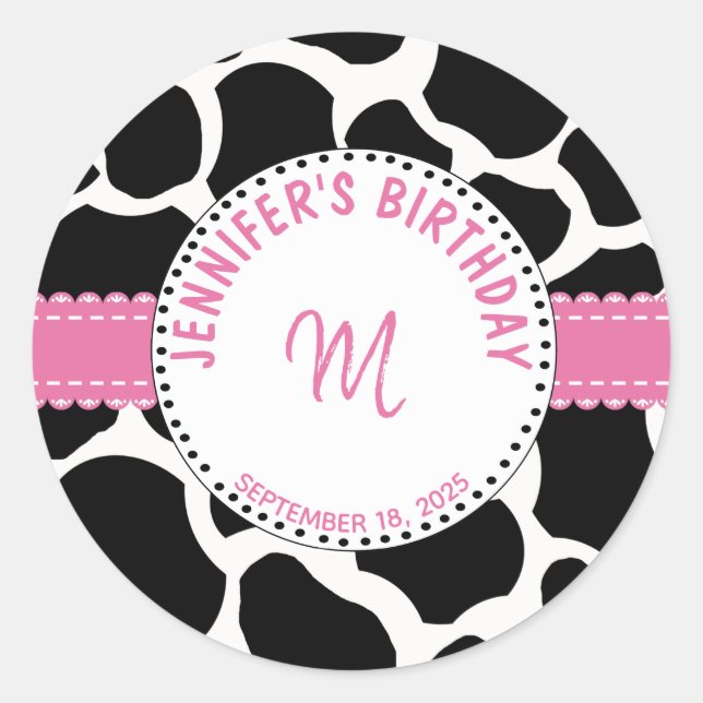 Monogram Pink Black Cow Print Birthday Name Runder Aufkleber (Vorderseite)