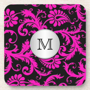 Monogram Pink Black Silver Damask Untersetzer Set 