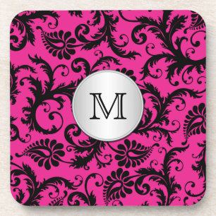 Monogram Pink Black Silver Damask Untersetzer Set 