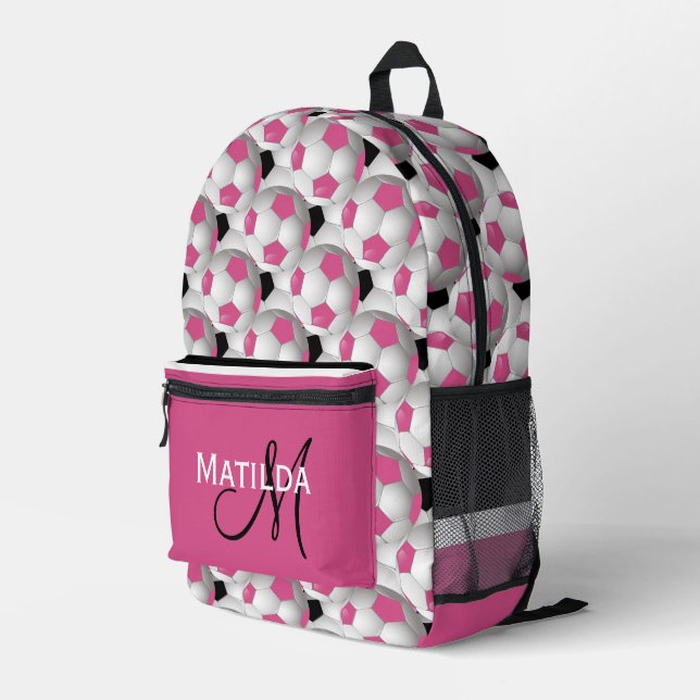 Monogram Pink Black Soccer Ball Pattern Bedruckter Rucksack (Rückseitige Ecke Rechts)