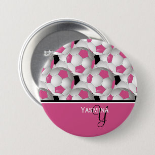 Monogram Pink Black Soccer Ball Pattern Button