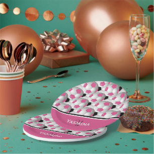 Monogram Pink Black Soccer Ball Pattern Pappteller