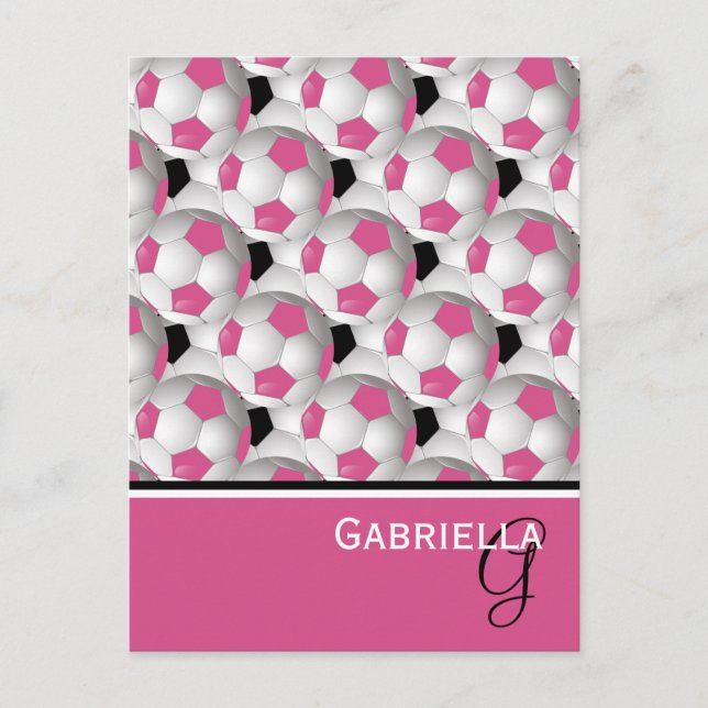 Monogram Pink Black Soccer Ball Pattern Postkarte (Vorderseite)