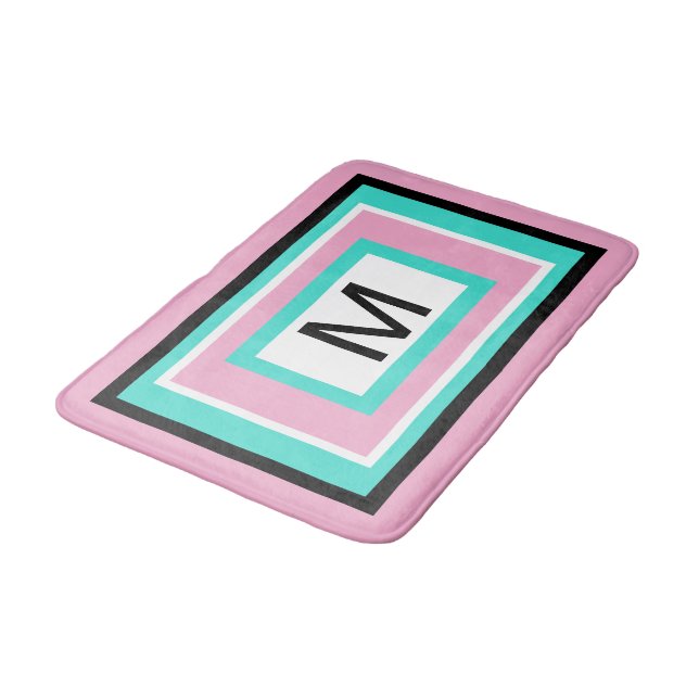 Monogram Pink Black Turquoise Geometric Badematte (Schrägansicht)