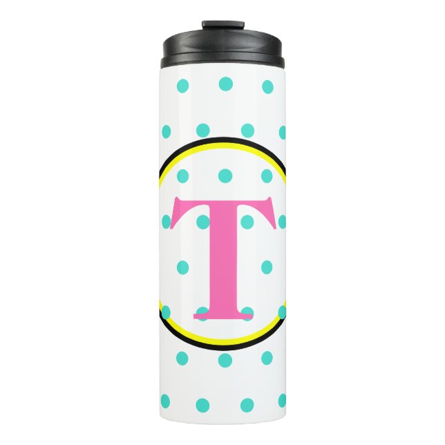Monogram Pink Black Turquoise Punkte Thermosbecher (Vorderseite)