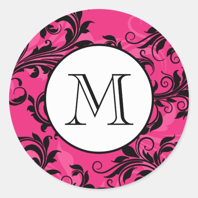 Monogram Pink Black Verziert Scrolls Wedding Stick Runder Aufkleber (Vorderseite)