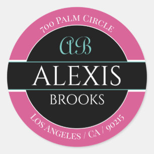 Monogram, Pink Black & White, DIY Name Address Runder Aufkleber