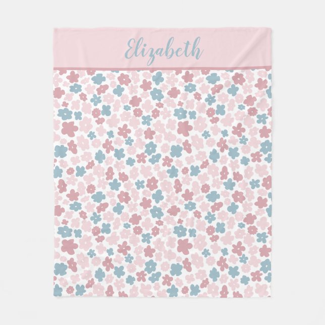 Monogram Pink Blue Floral Modern Boho Trendy Gesch Fleecedecke (Vorderseite)