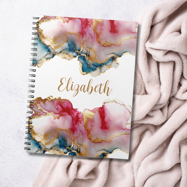 Monogram Pink Blue Gold Wash Aquarell Abstrakt Notizblock (Monogram name pink red gold blue alcohol ink watercolor notebook journal)