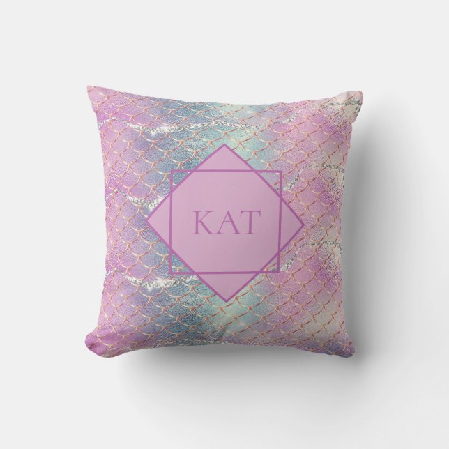Monogram Pink Blue Silver Glitzer Mermaid Scales Kissen (Vorderseite)