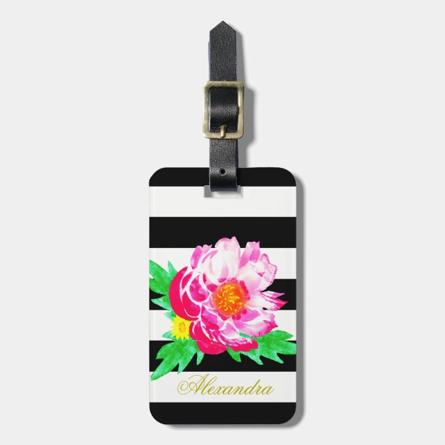 Monogram Pink Blume Schwarz/Weiß Gepäckanhänger (Vorderseite vertikal)