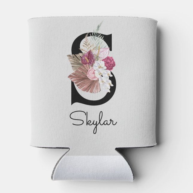 Monogram Pink Boho Girly Floral Initial Dosenkühler (Rückseite)
