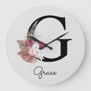 Monogram Pink Boho Girly Floral Initial G Große Wanduhr