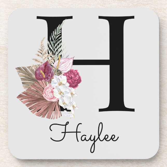 Monogram Pink Boho Girly Floral Initial H Getränkeuntersetzer (Vorderseite)