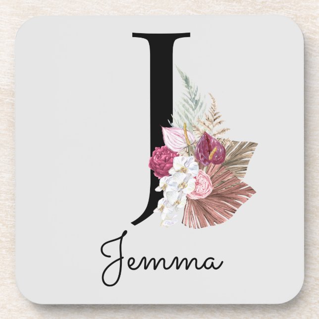 Monogram Pink Boho Girly Floral Initial J Getränkeuntersetzer (Vorderseite)