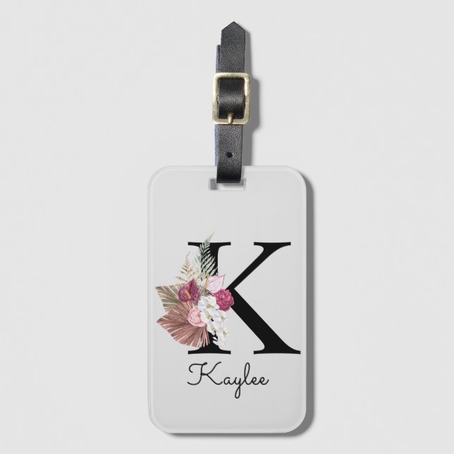 Monogram Pink Boho Girly Floral Initial K Gepäckanhänger (Vorderseite Vertikal)