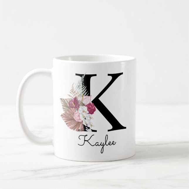 Monogram Pink Boho Girly Floral Initial K Kaffeetasse (Links)