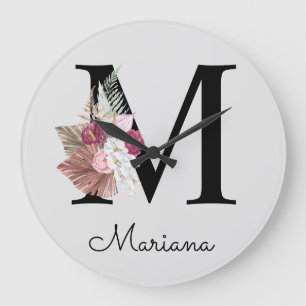 Monogram Pink Boho Girly Floral Initial M Große Wanduhr