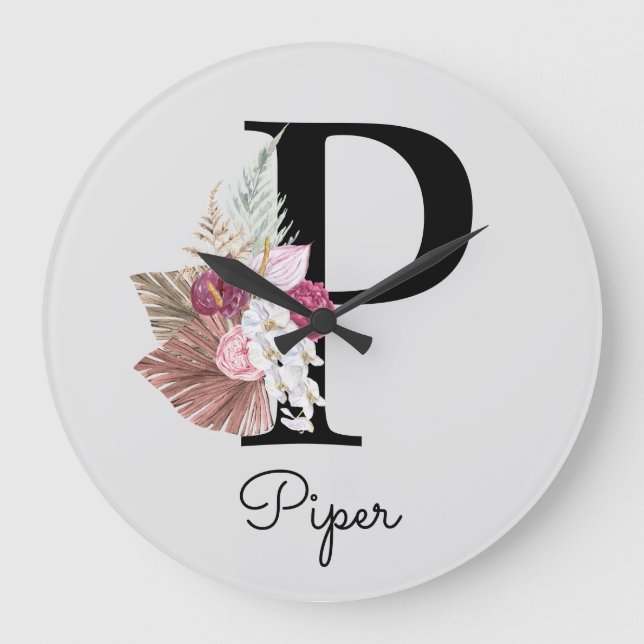 Monogram Pink Boho Girly Floral Initial P Große Wanduhr (Vorderseite)