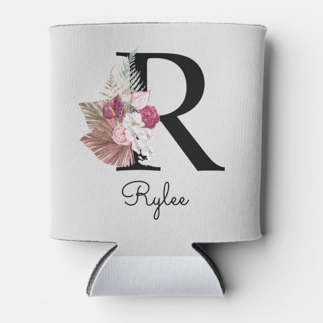 Monogram Pink Boho Girly Floral Initial R Dosenkühler (Vorderseite)