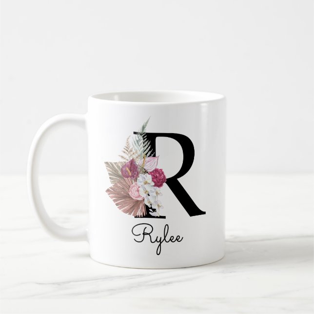 Monogram Pink Boho Girly Floral Initial R Kaffeetasse (Links)