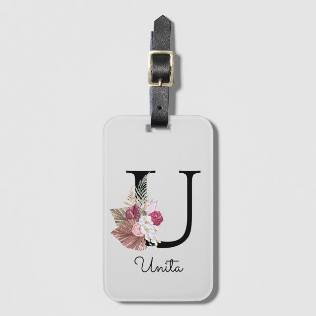 Monogram Pink Boho Girly Floral Initial U Gepäckanhänger (Vorderseite Vertikal)