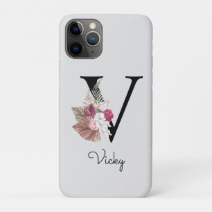 Monogram Pink Boho Girly Floral Initial V Case-Mate iPhone Hülle