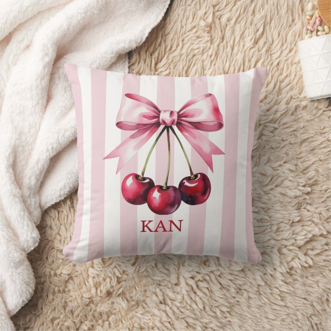 Monogram Pink Bow Cherries Coquette Ästhetik Kissen (Decke)