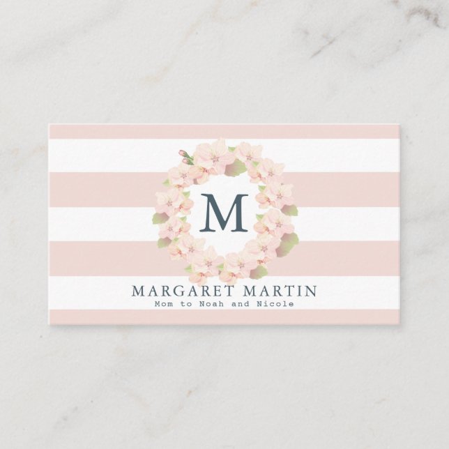 Monogram Pink Cherry Blossom Wreath Mommy Telefonnummerkarte (Vorderseite)