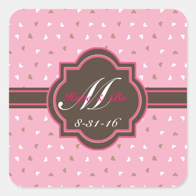 Monogram Pink & Chocolate Umwickeln von Siegel-Auf Quadratischer Aufkleber (Vorderseite)