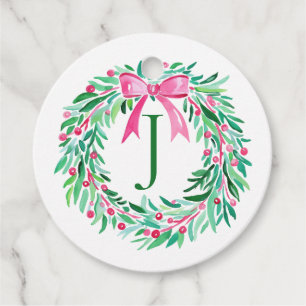 Monogram Pink Christmas Wreath Gift Tag Geschenkanhänger