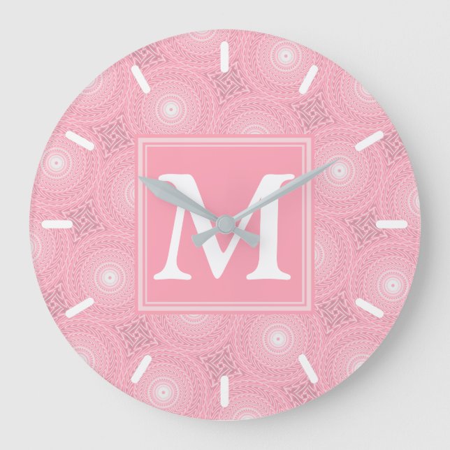 Monogram pink circles pattern große wanduhr (Vorderseite)