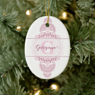 Monogram Pink Confetti Lace Ornamental Mandala Keramik Ornament