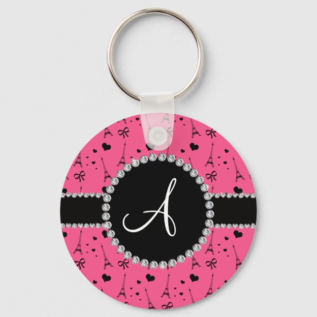 Monogram pink eiffel tower pattern schlüsselanhänger (Vorderseite)