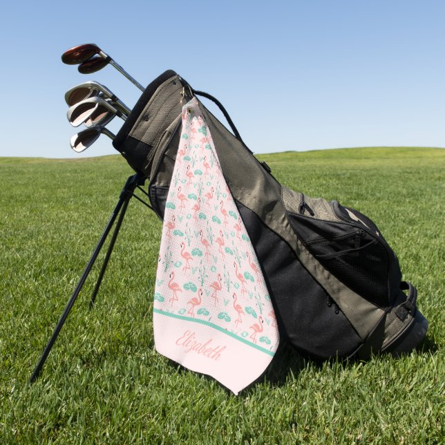Monogram Pink Flamingos Green Palm Blätter Tropica Golfhandtuch (Gras)
