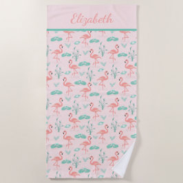 Monogram Pink Flamingos Green Palm Blätter Tropica Strandtuch