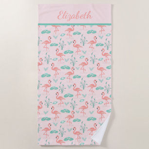 Monogram Pink Flamingos Green Palm Blätter Tropica Strandtuch